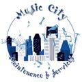 Logo for Music City Maintenance Services: a Nashville skyline with tools and musical notes in blue.