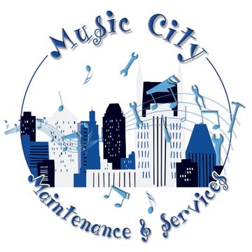Logo for Music City Maintenance Services: a Nashville skyline with tools and musical notes in blue.