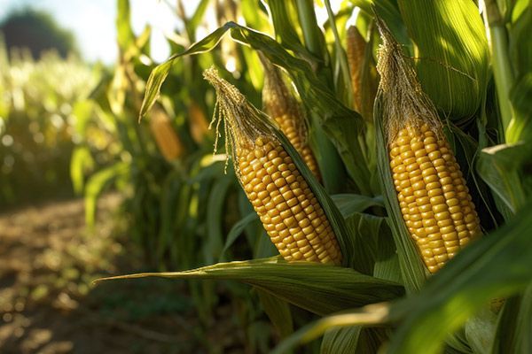 Corn stalks with ripe ears in a field, lit by sunlight.