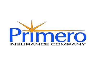 The logo for primero insurance company is blue and orange.