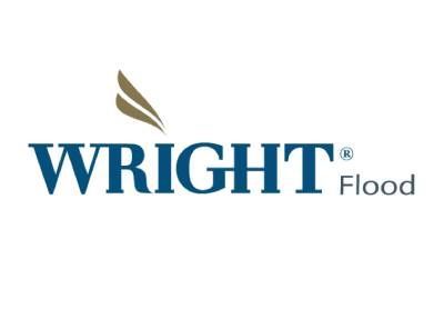 Logo for Wright Flood insurance: blue text, gold winged design.