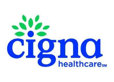 Cigna Healthcare logo in blue with green foliage on top.