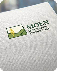 Logo for Moen Insurance Services: green text on textured paper, green and gold graphic of fields.