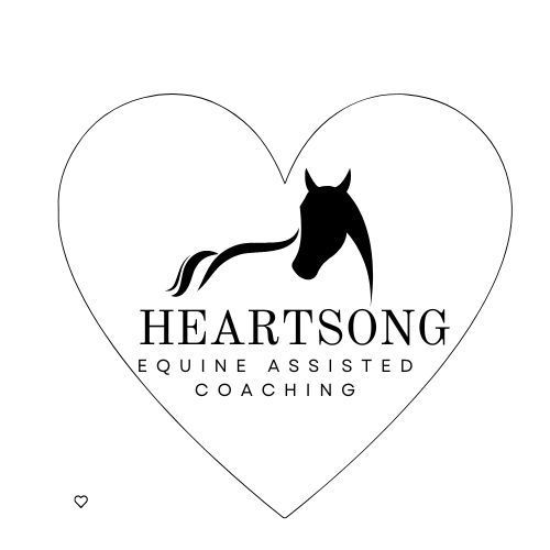 A black and white logo for heartsong equine assisted coaching with a horse in a heart.