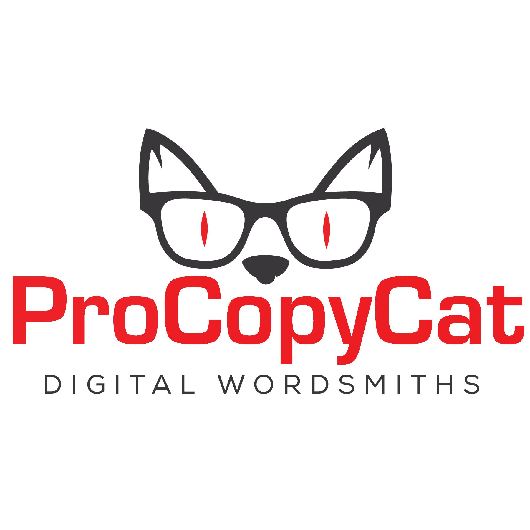 A logo for procopycat digital wordsmiths with a cat wearing glasses.