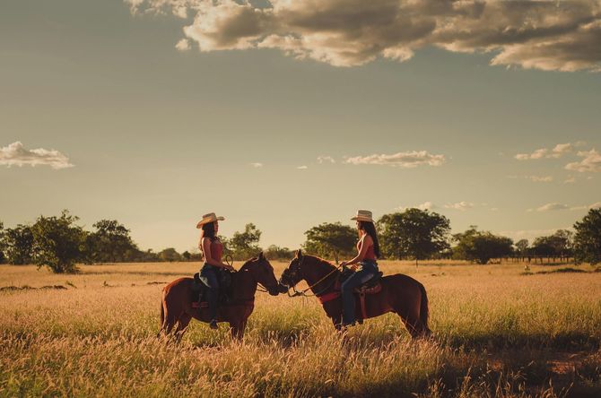 Two women are riding horses in a field.