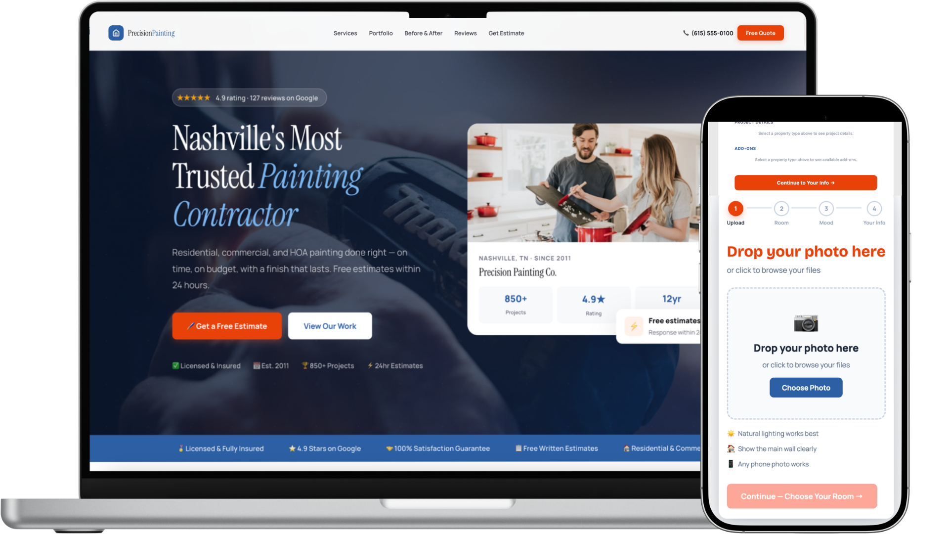 A laptop and smartphone displaying a website for a professional painting contractor services.