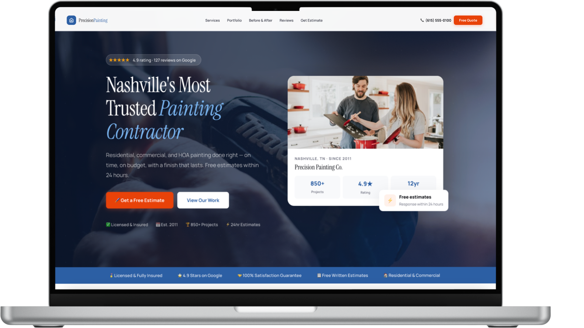 A laptop screen displaying the landing page of a professional Nashville painting contractor company.