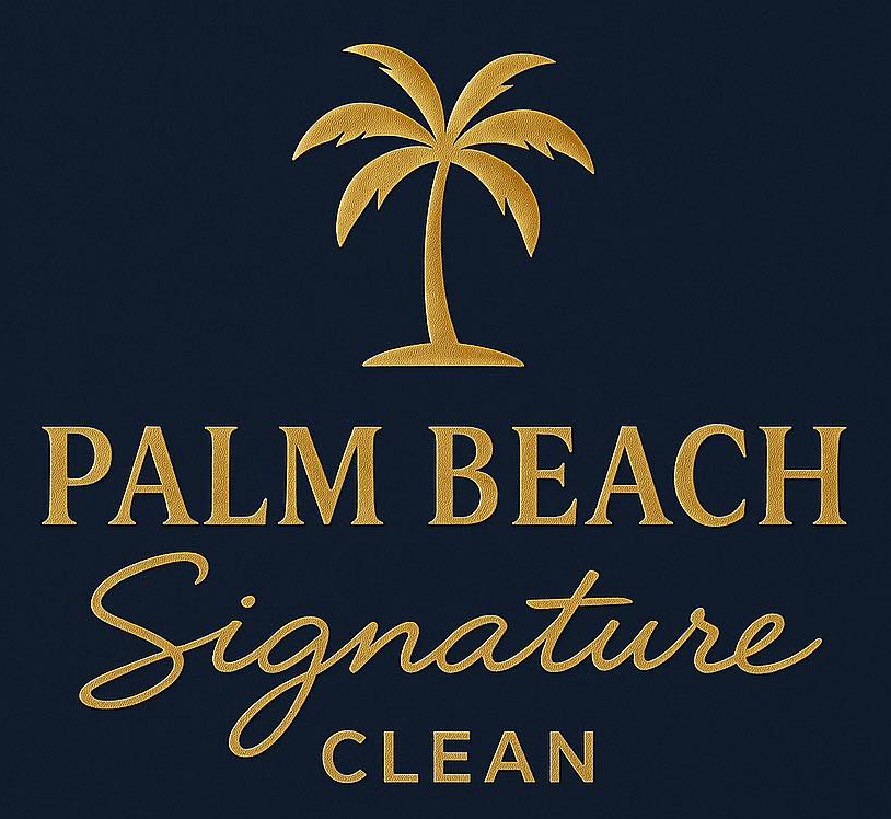 Gold palm tree atop the words "Palm Beach Signature Clean" in gold on a navy background.