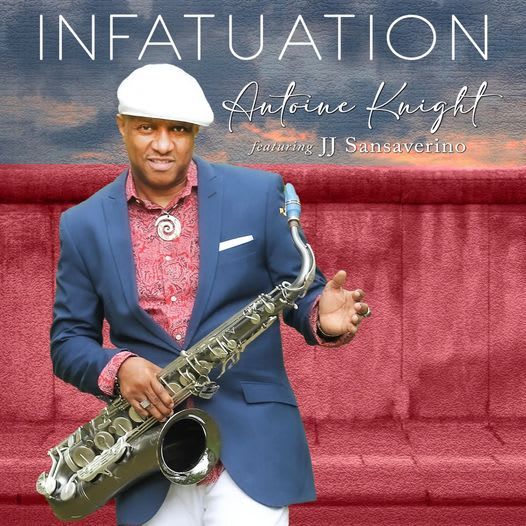 Antoine Knight, wearing a blue blazer and white cap, holding a saxophone. Album cover for 