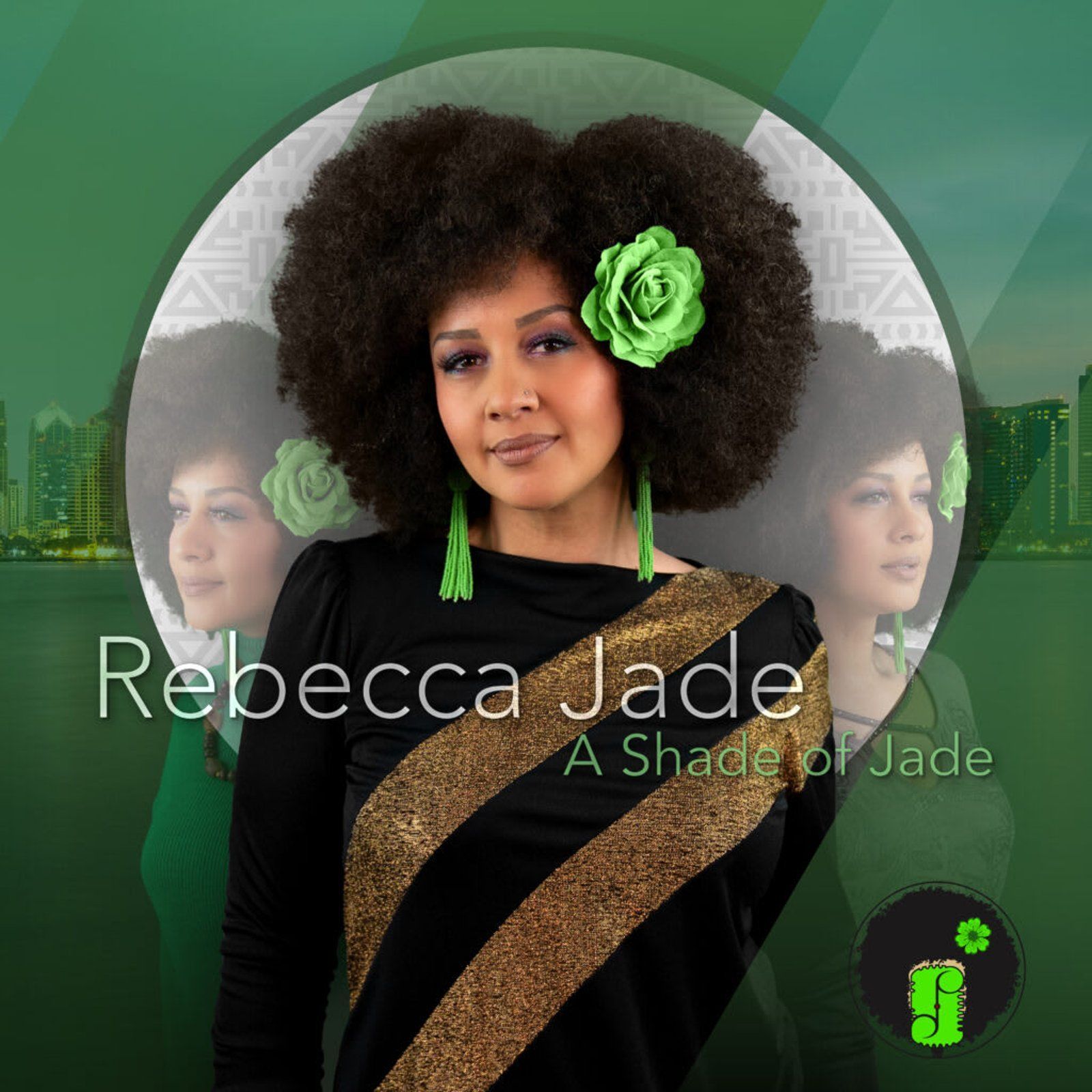 Rebecca Jade, album cover. Woman with afro, green flower, black top.  Green accents. City in background.