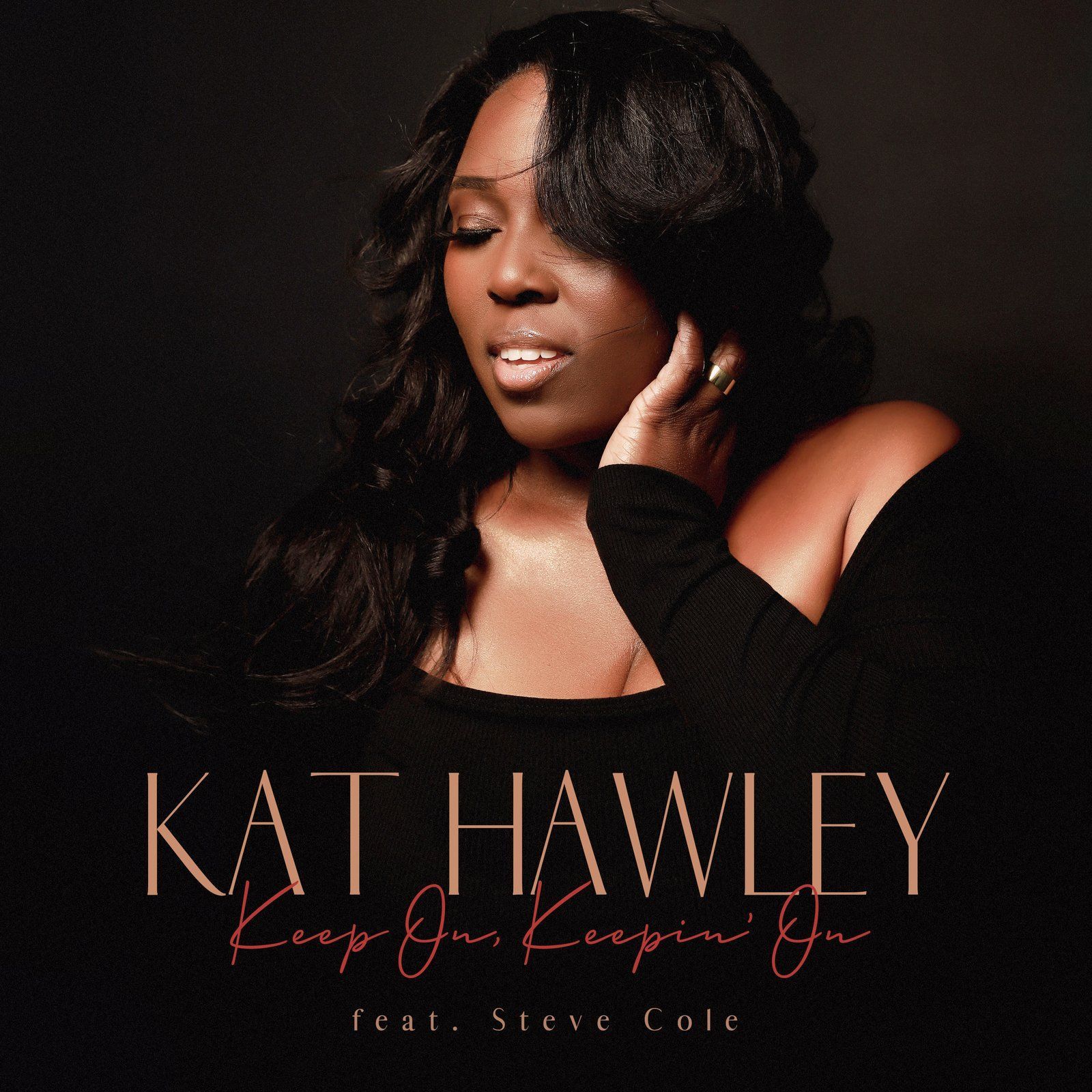 Kat Hawley on music album cover. Dark-haired woman in a black top, text overlay 