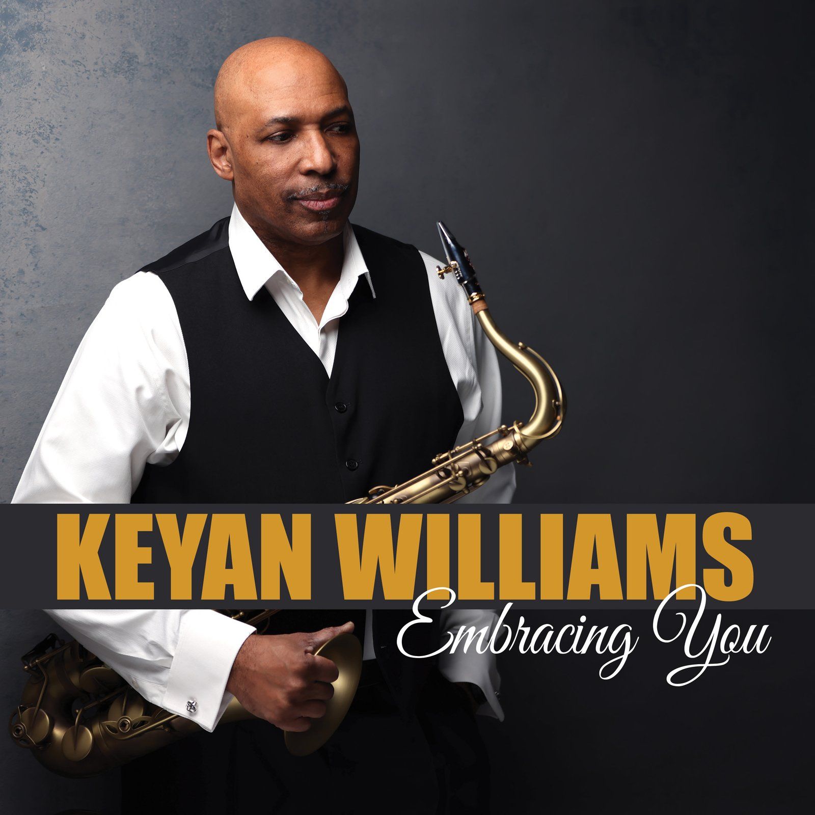 Keyan Williams holding a saxophone, wearing a white shirt and black vest, album cover.