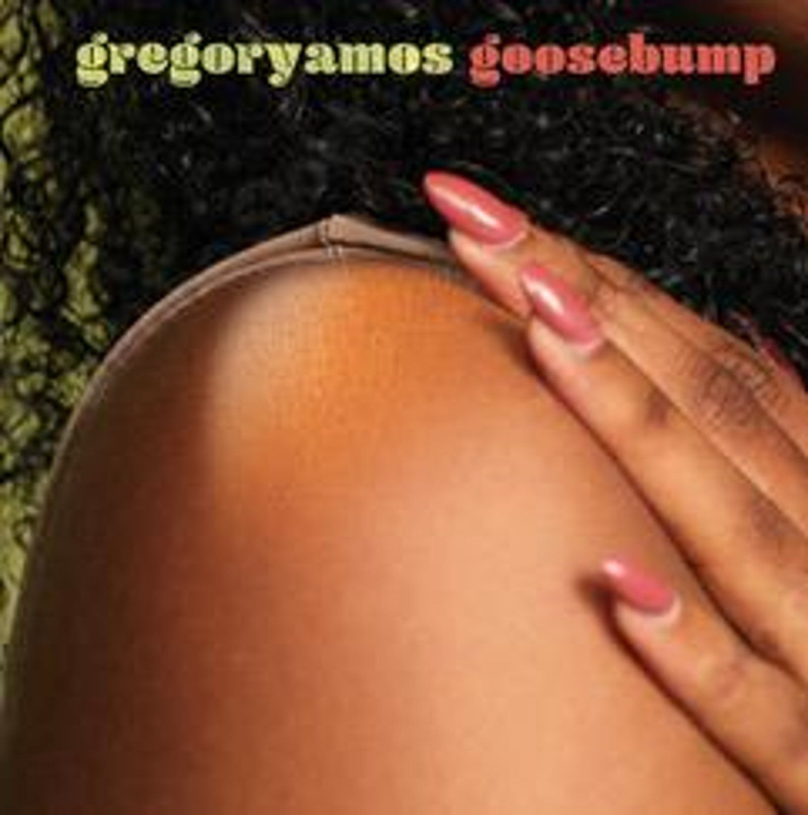 Close-up of a person's shoulder and hand. Pink nails touch the shoulder. Title: Gregory Amos Goosebump.