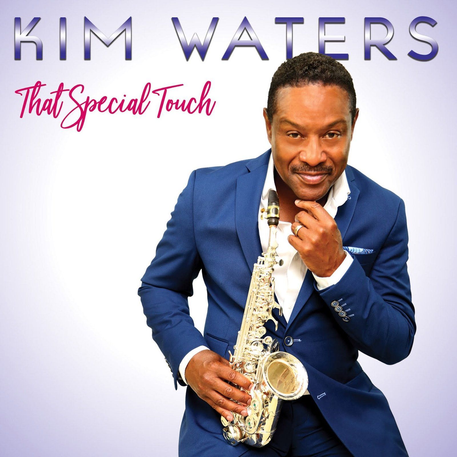 Kim Waters, saxophone player, smiling, wearing blue suit, holding saxophone. Album cover 