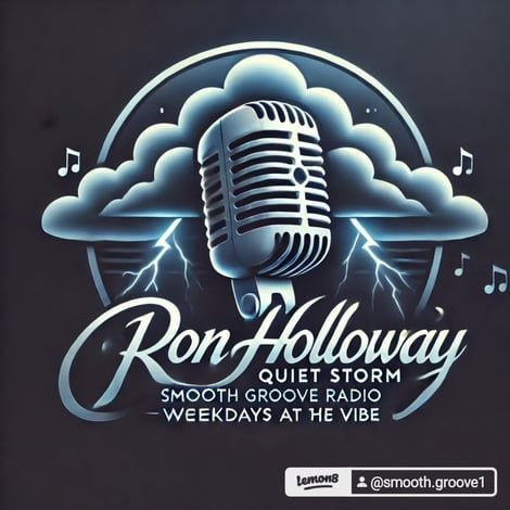 Ron Holloway Quiet Storm logo with microphone, clouds, lightning, and musical notes.