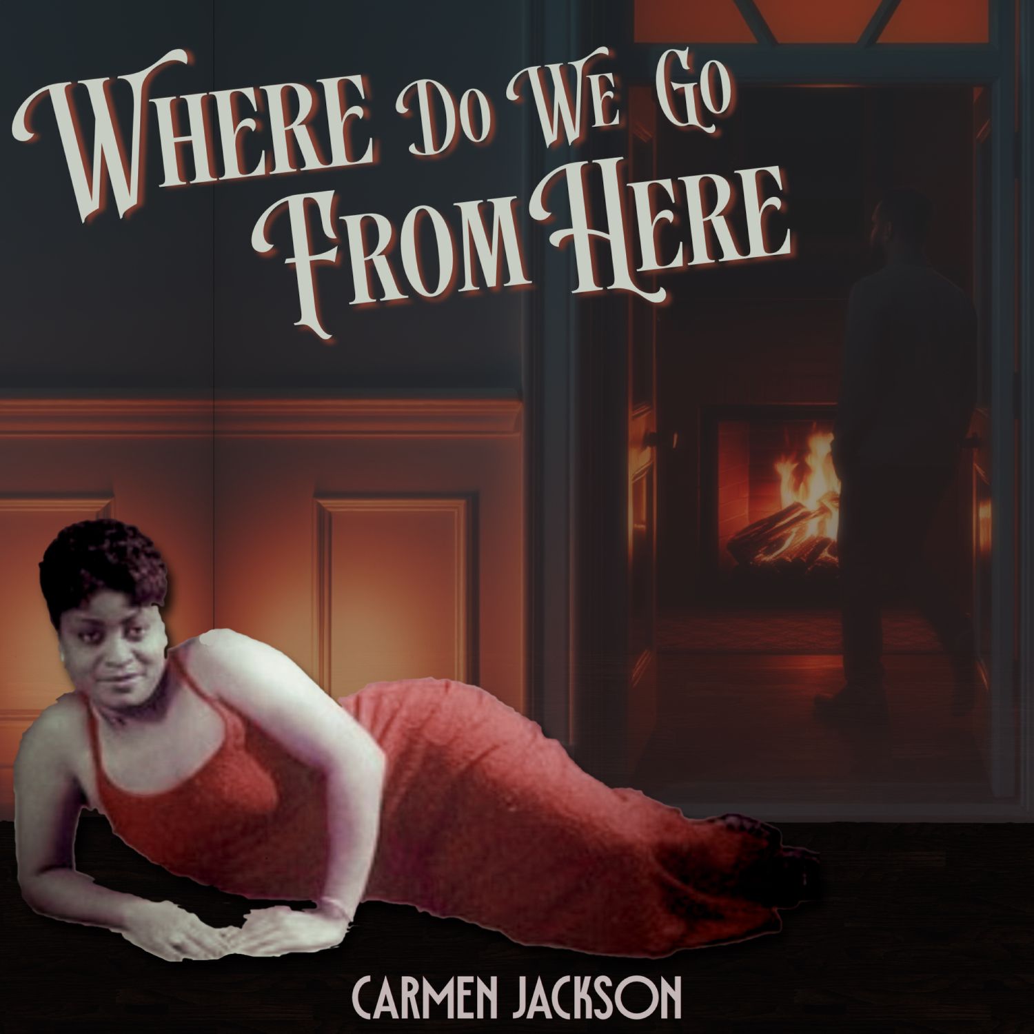 Woman in red dress lounging, title 