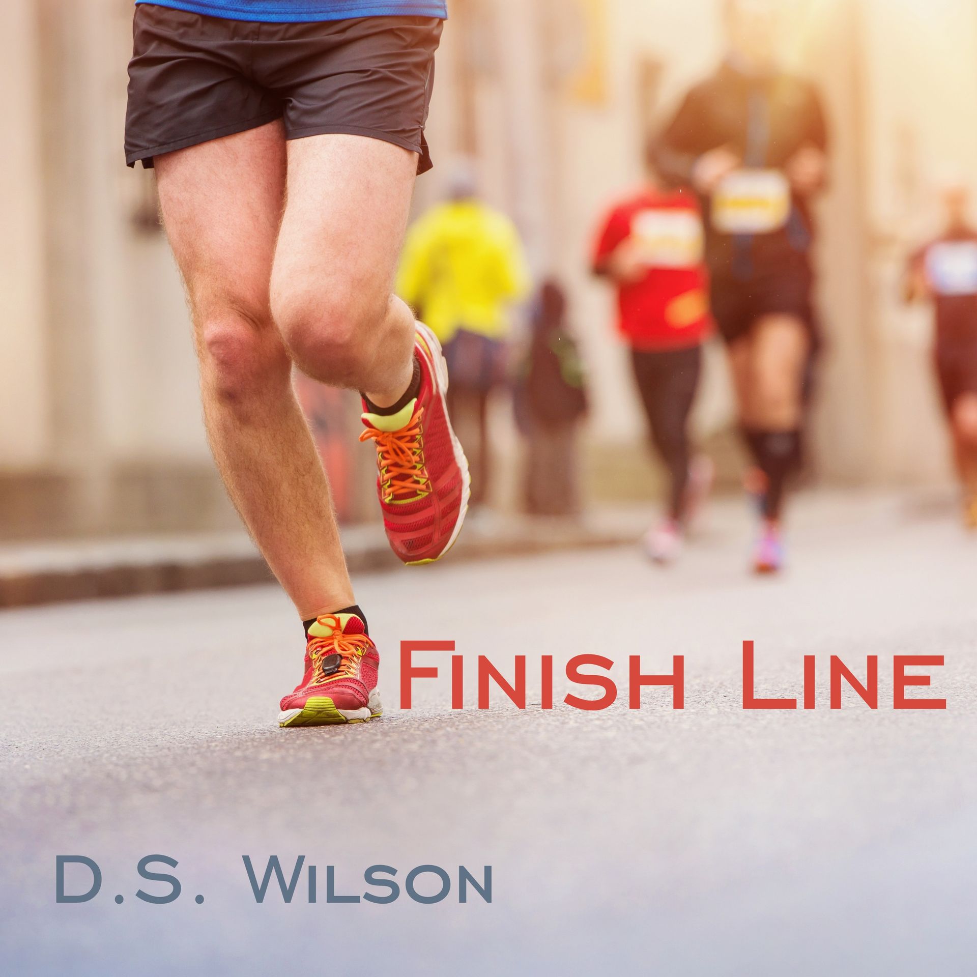 Runner approaching the finish line in a marathon. Red text overlay: 