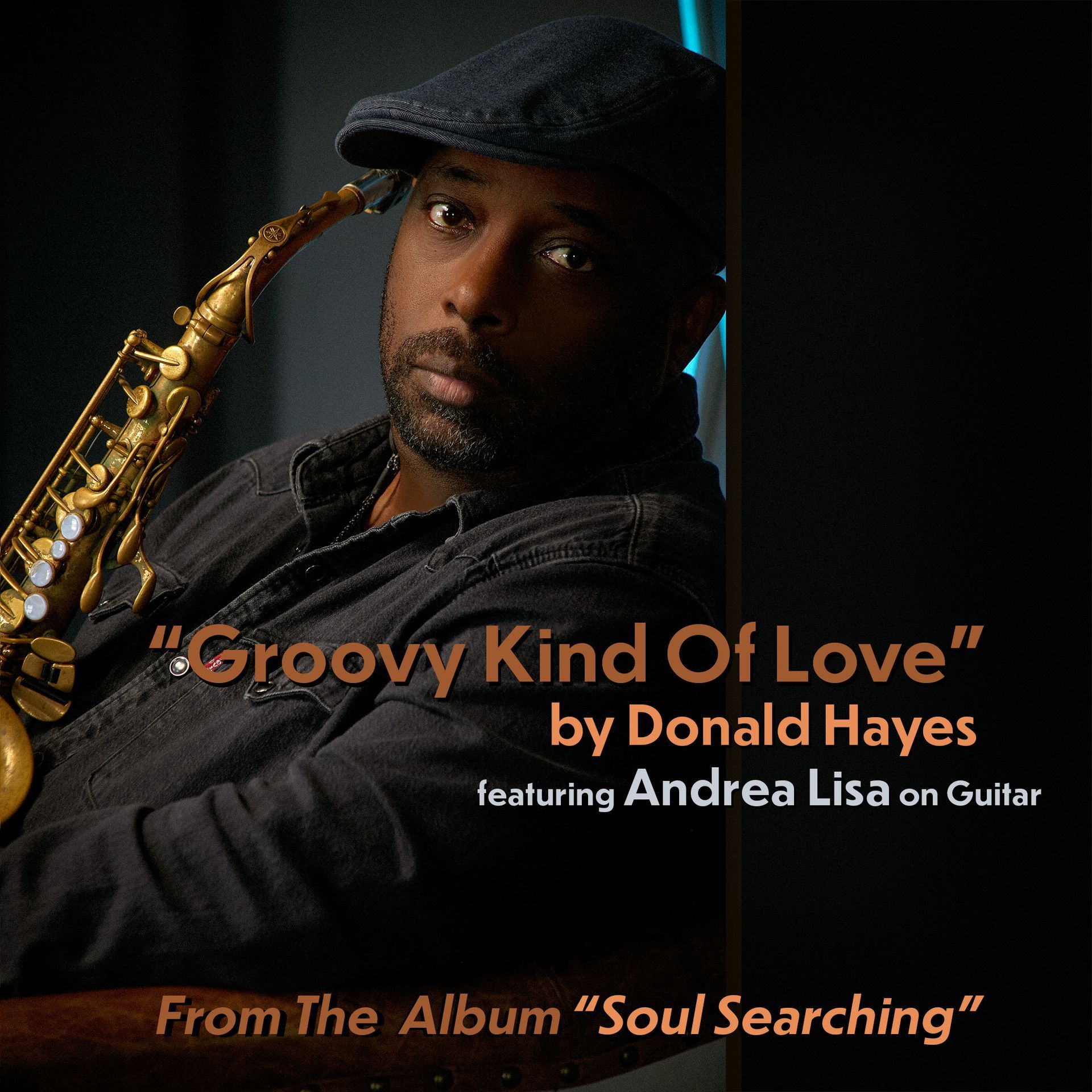Saxophonist Donald Hayes with saxophone, album cover for 