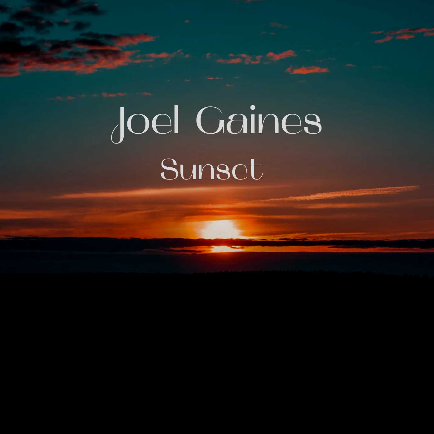 Sunset over water, with Joel Gaines's name and the word 