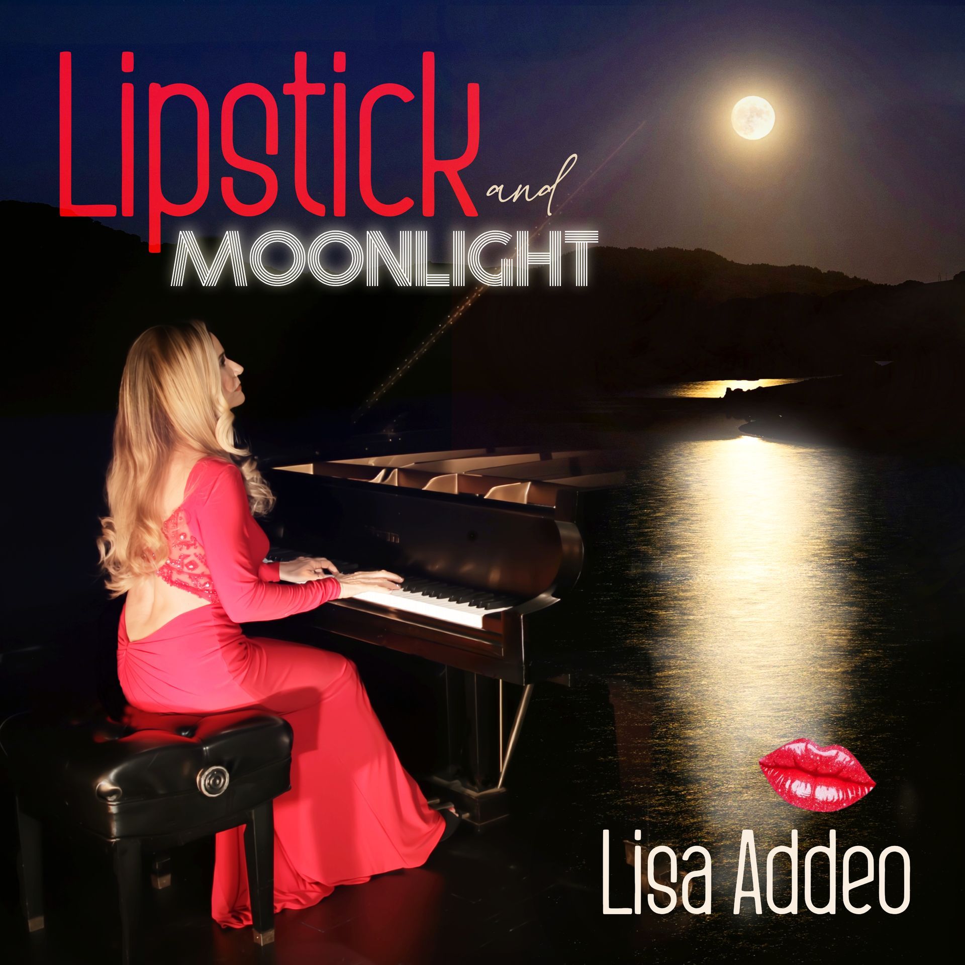 Woman in red dress plays piano under a full moon, album cover, 