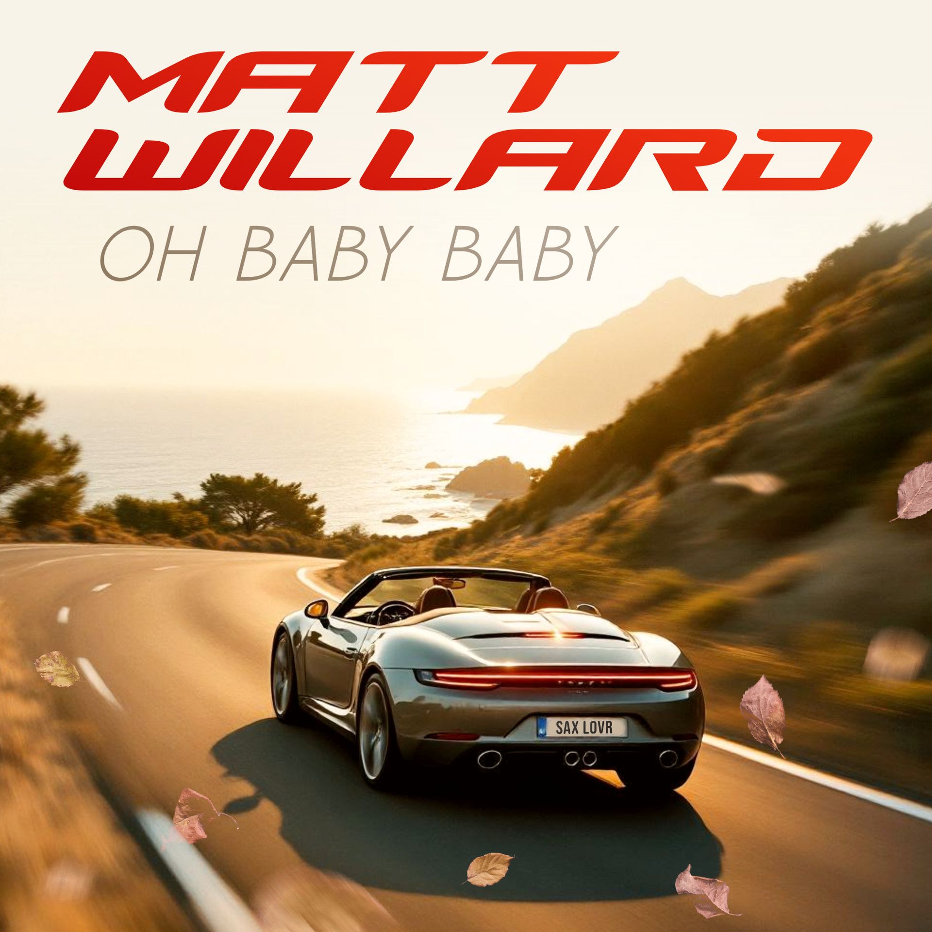 Matt Willard album cover: convertible car on coastal road, sunset, 