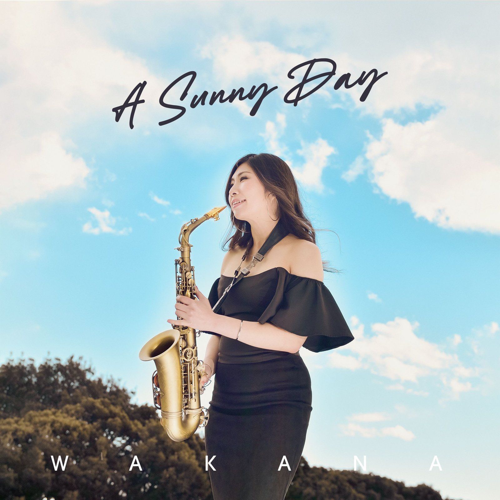 Woman with a saxophone outdoors, dressed in black, with blue sky and the words 