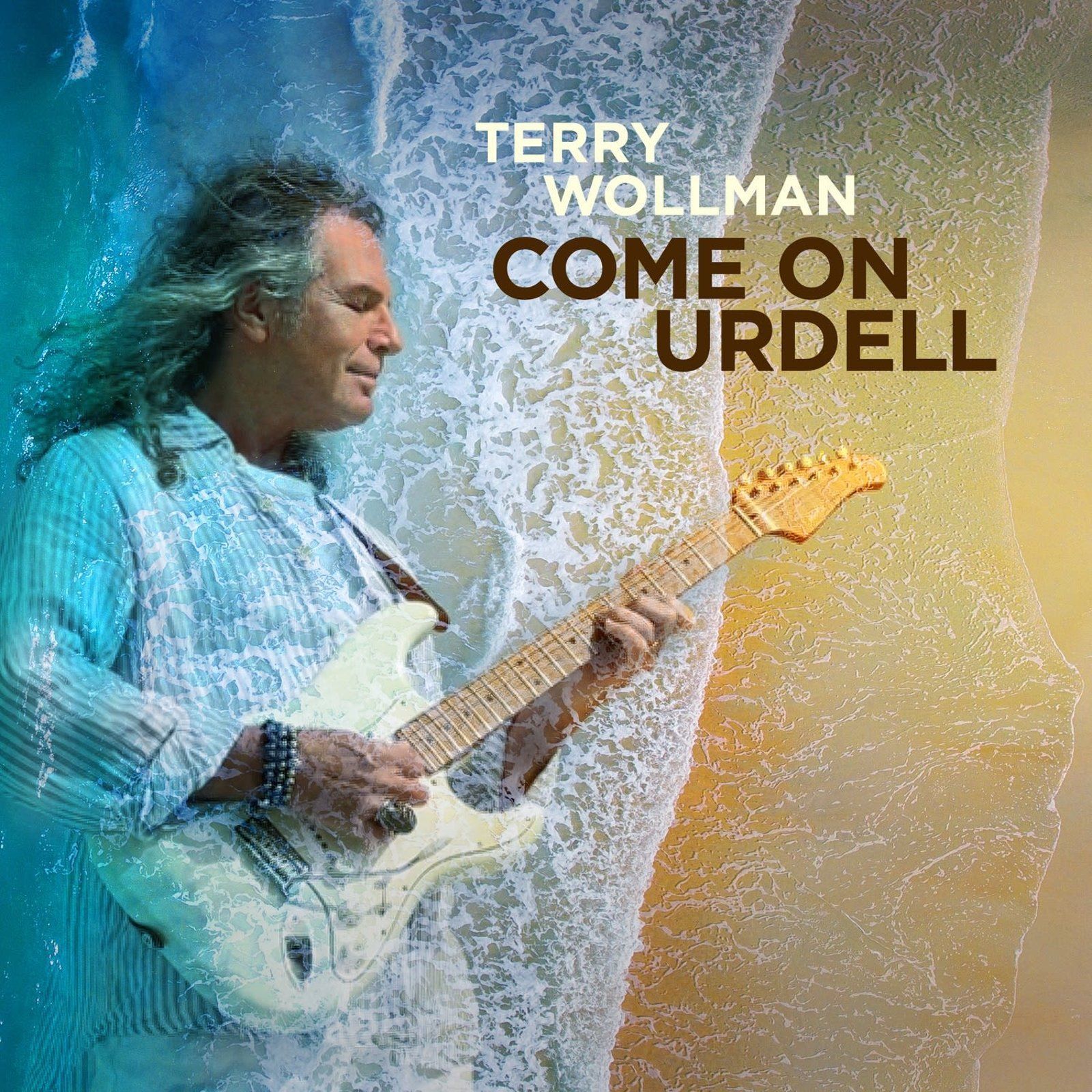 Terry Wollman plays guitar on a beach. Album cover 