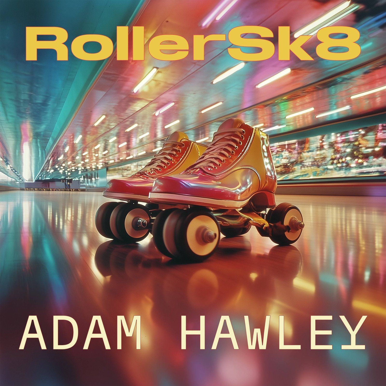 Roller skates on a rink with the album title 