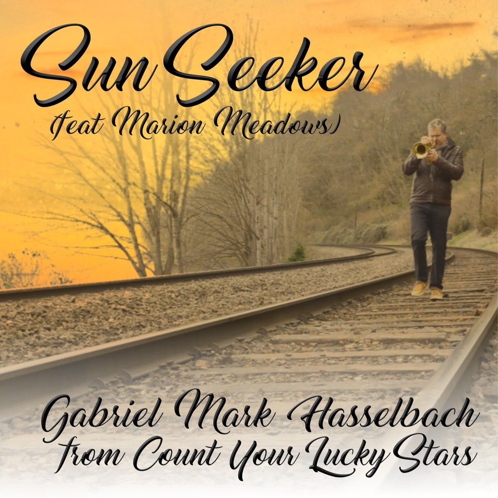 A man playing the trumpet on railroad tracks at sunset; album cover art.