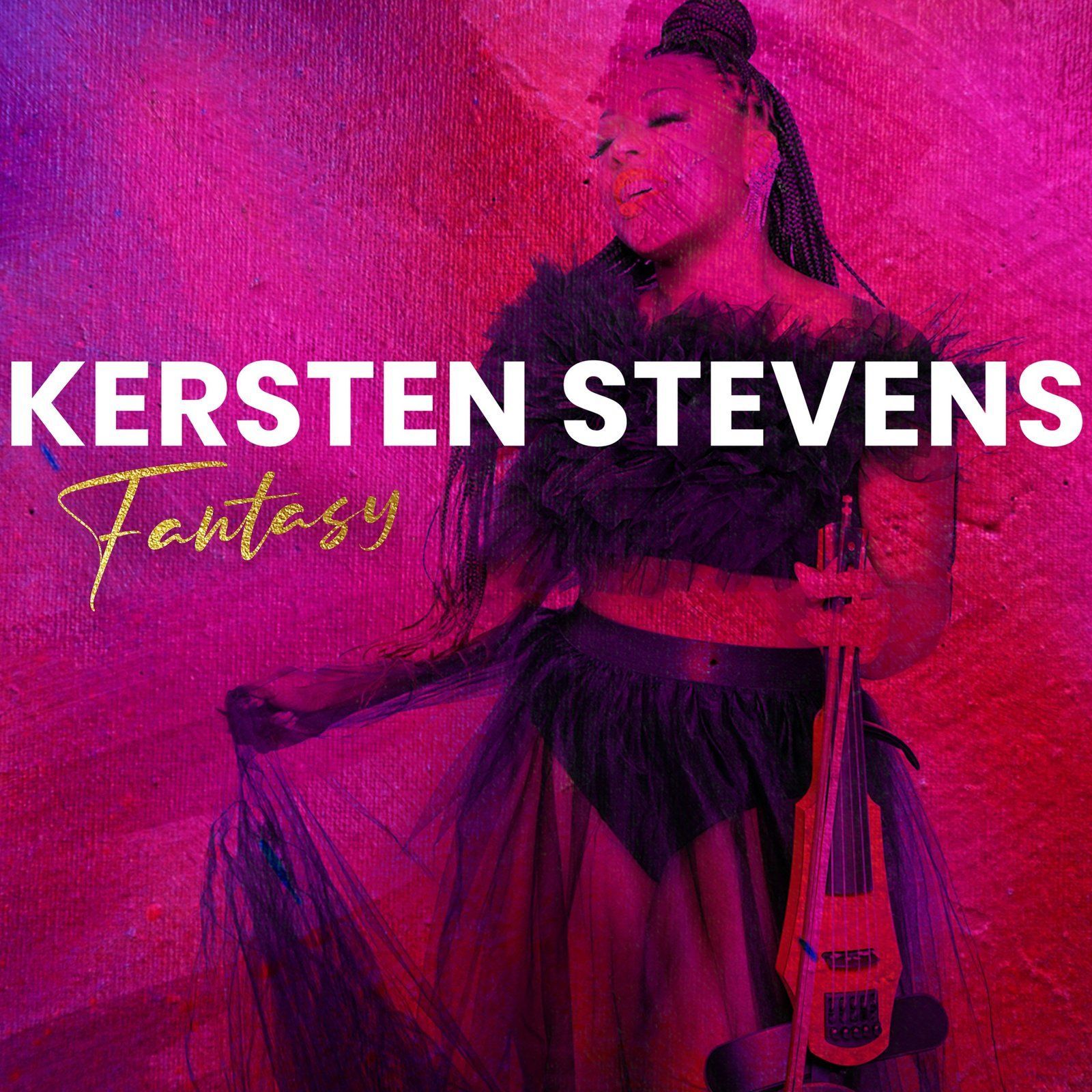 Kersten Stevens holding violin. Pink and purple background. 