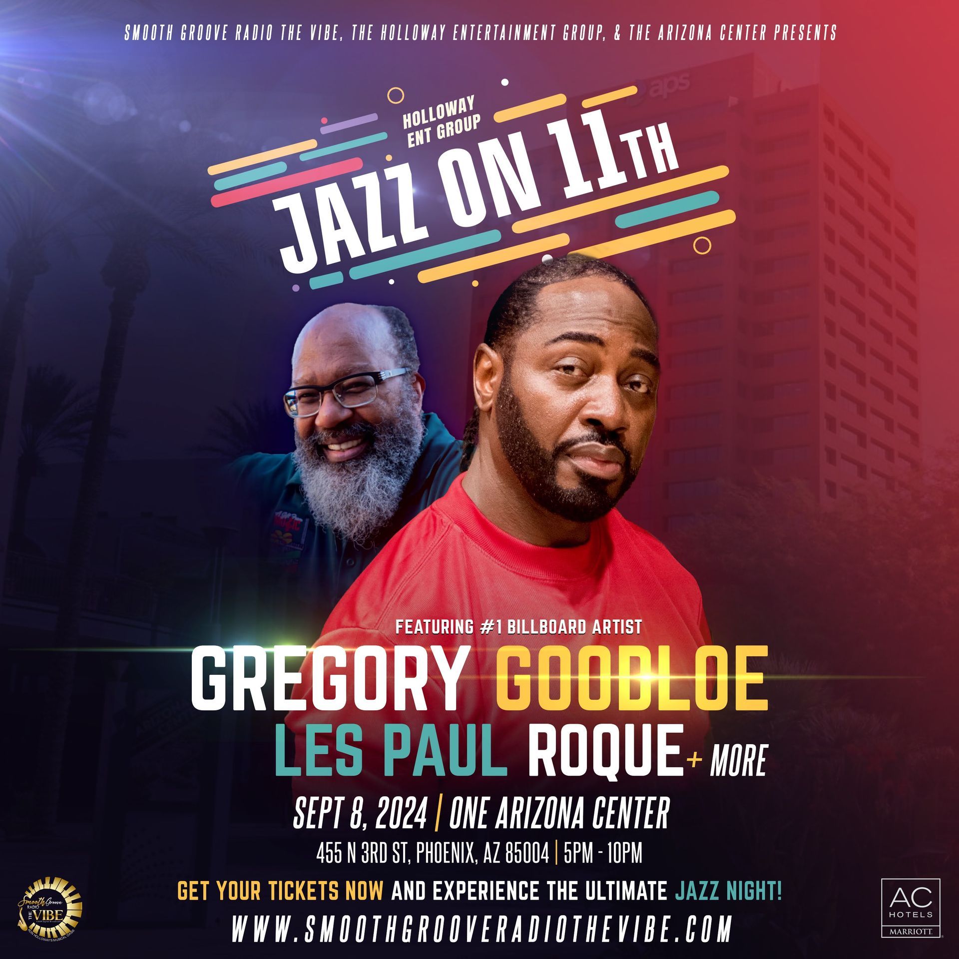 Jazz On 11th event poster: Gregory Goodloe, Les Paul Roque. Sept 8, 2024, GWE Arizona Center.