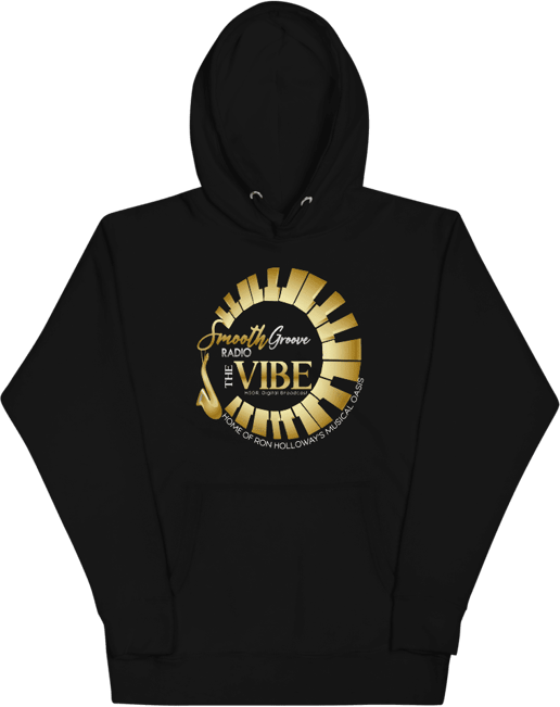 Black hoodie with smooth groove radio logo.