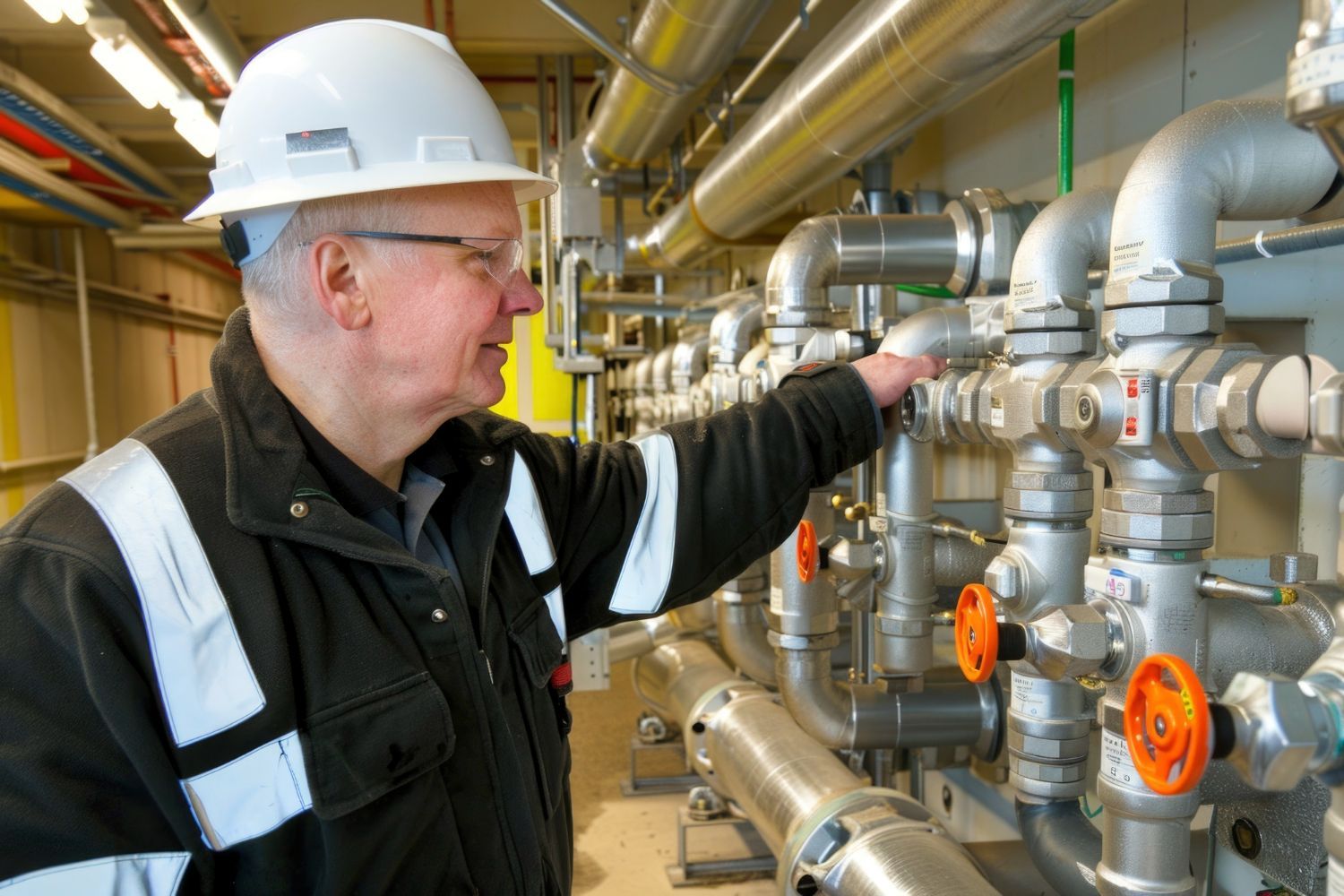 A man wearing a hard hat is looking at pipes in a factory.
