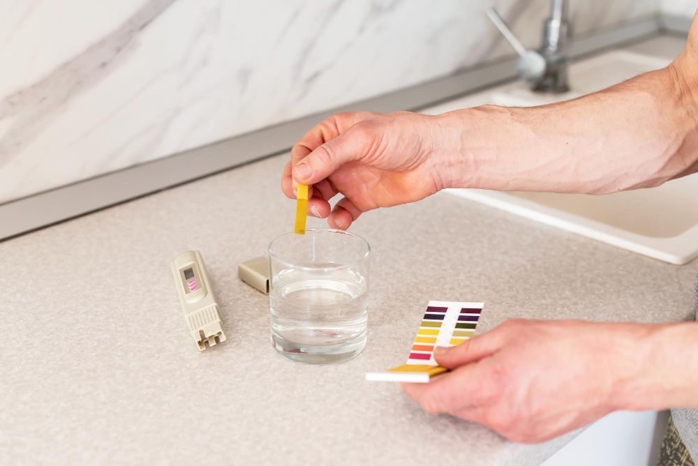 A person is measuring the ph of a glass of water.