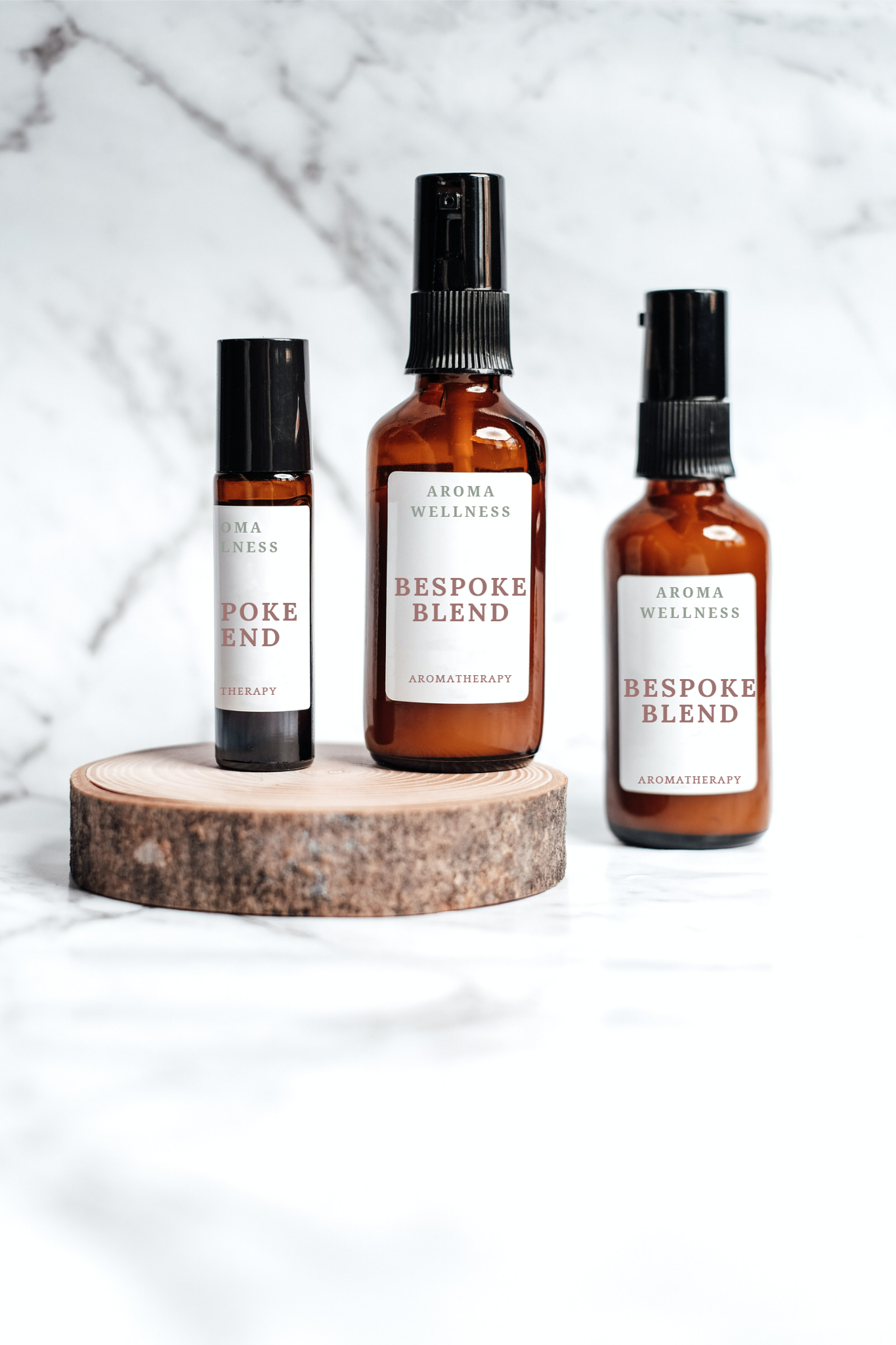 Three bottles of cosmetics are sitting on top of a wooden stump.