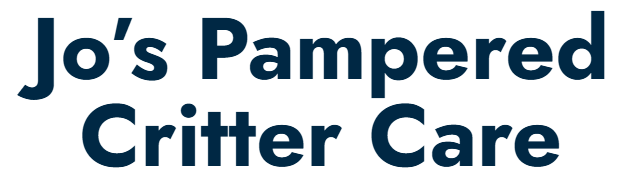 A blue logo for jo 's pampered critter care