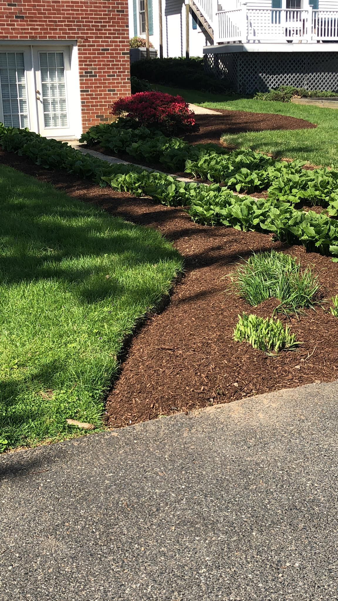 A driveway leading to a lush green yard with a brick house in the background.