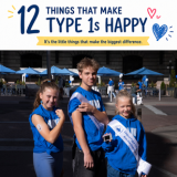 12 things that make type 1s happy banner with three type one children showing their cgms