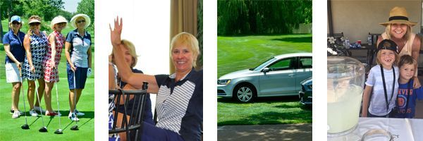 A group of people are playing golf and a car is parked on the grass.
