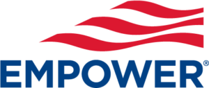 A red white and blue logo for empower