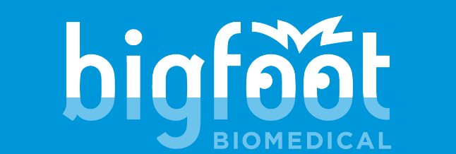 A blue and white logo for bigfoot biomedical