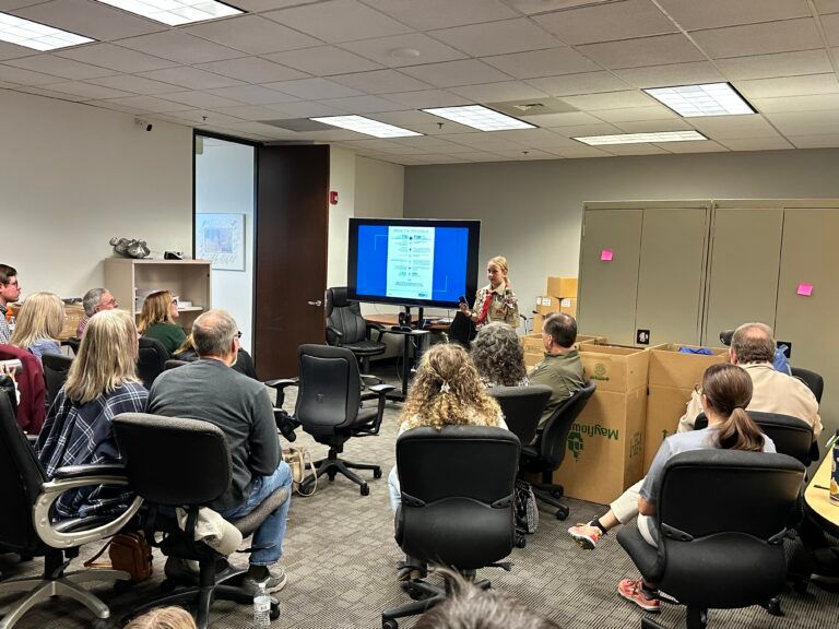 A woman is giving a presentation to a group of people in a conference room.