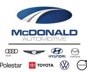 A blue and white logo for mcdonald automotive