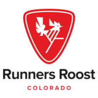 The logo for runners roost colorado is a red shield with two birds on it.