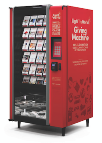 A red vending machine that says giving machine on it