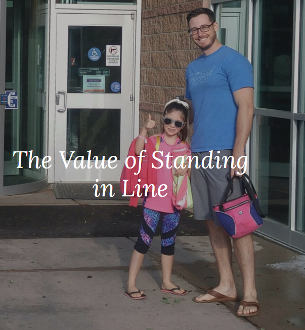 A man and a little girl are standing in front of a building with the caption 
