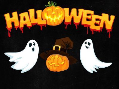 Two ghosts and a pumpkin are on a halloween sign