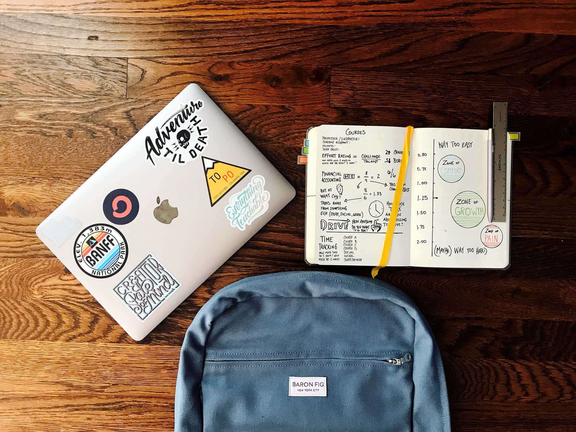 A laptop , notebook , and backpack are on a wooden table.