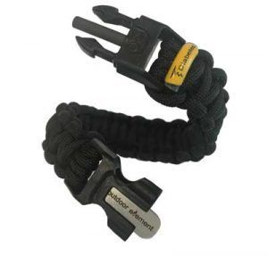 A black paracord bracelet with a buckle that says outdoor element